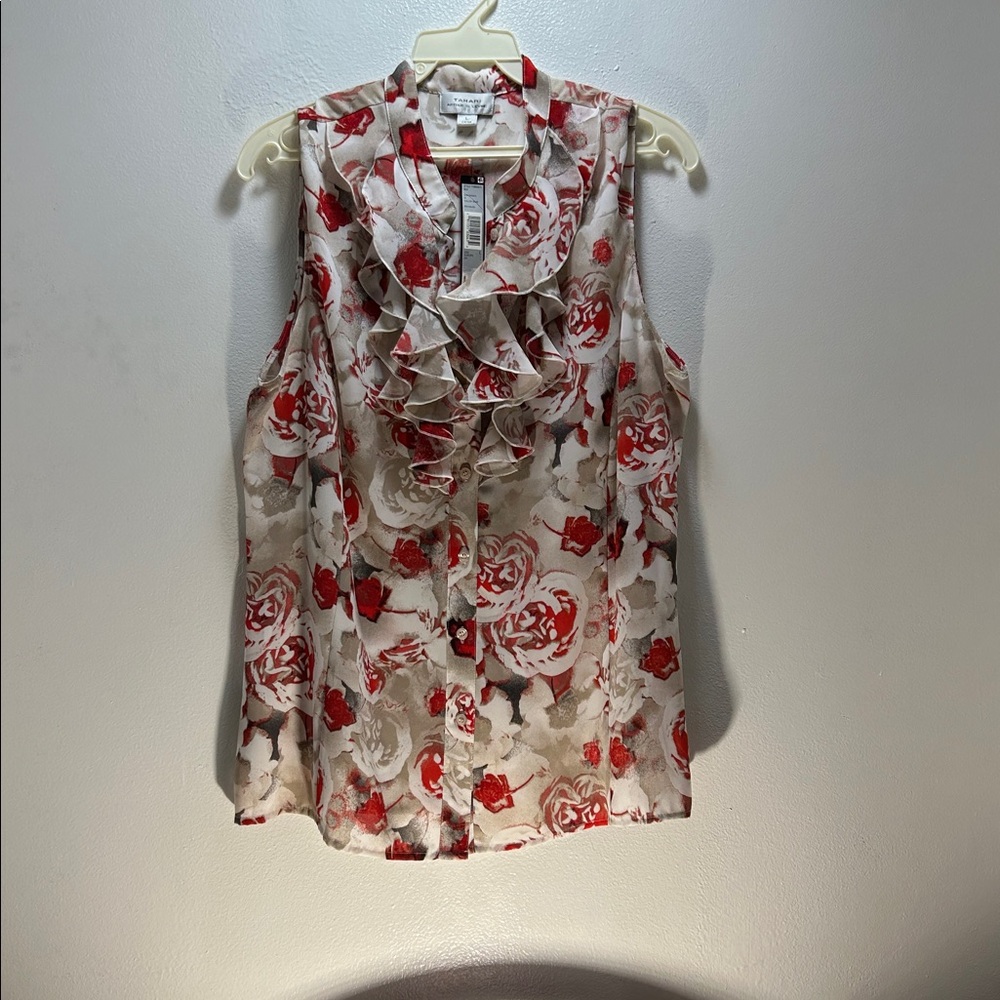 Tahari Floral Ruffle Blouse - Red and Gray